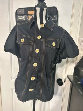 C/MEO Collective Black Puff Sleeve Button-Front Blouse with Contrast Stitching